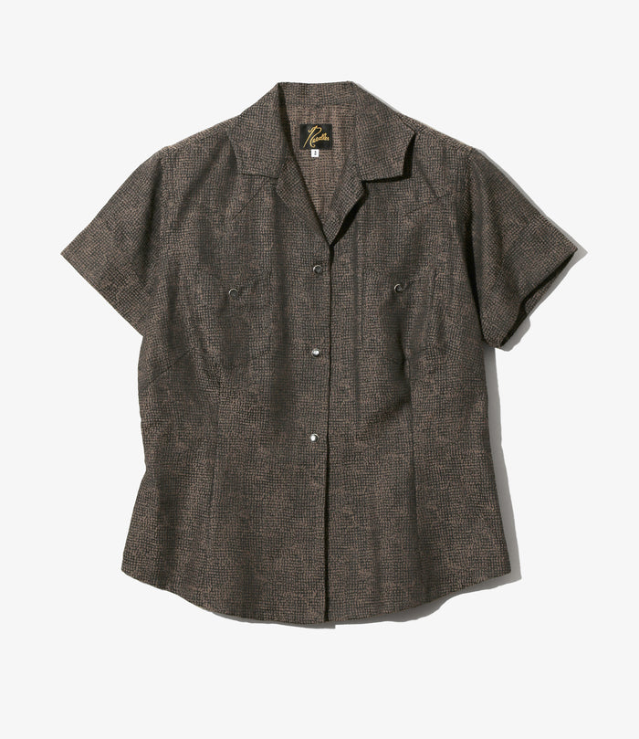 Women's S/S Western Blouse - Brown - Micro Shadow Plaid