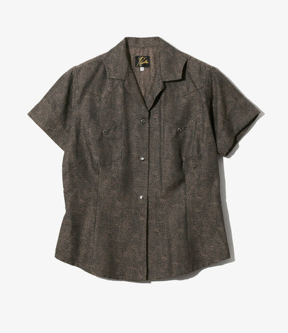 Women's S/S Western Blouse - Brown - Micro Shadow Plaid